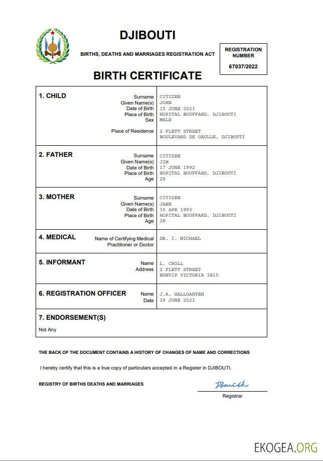 Modèle Word et PDF d'acte de naissance à Djibouti
